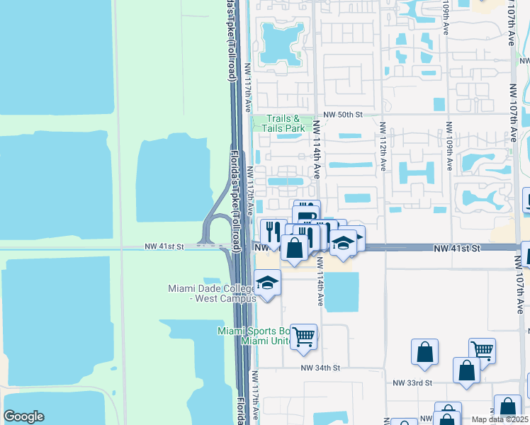 map of restaurants, bars, coffee shops, grocery stores, and more near 11628 Northwest 43rd Terrace in Doral