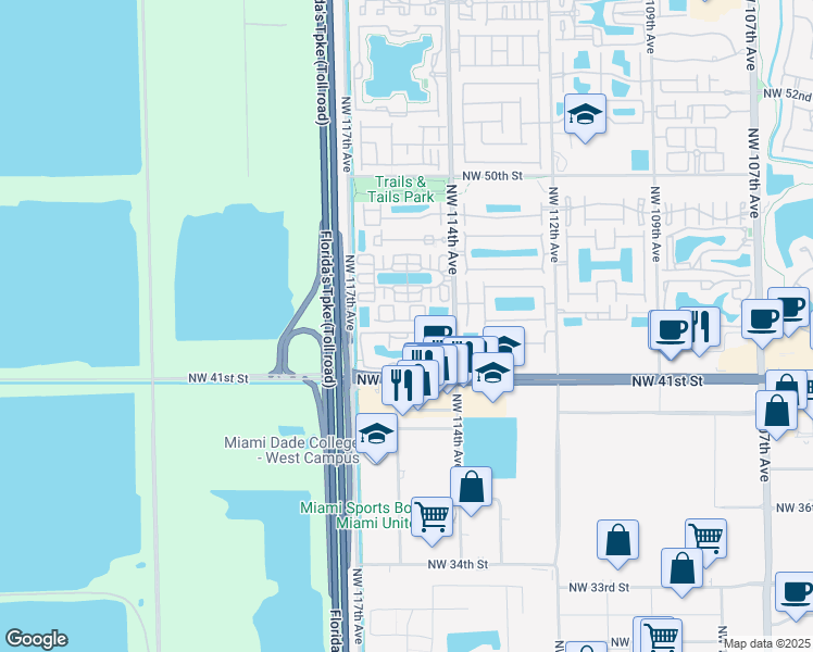 map of restaurants, bars, coffee shops, grocery stores, and more near 11484 Northwest 43rd Terrace in Doral