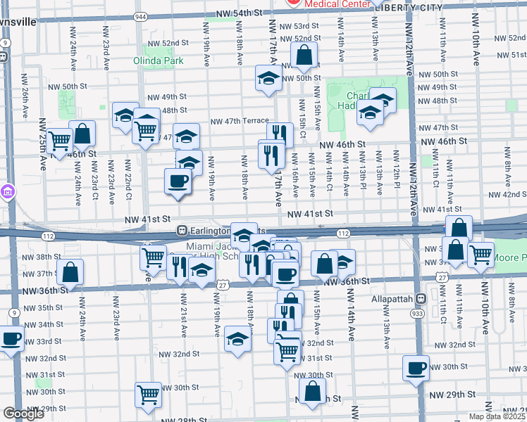 map of restaurants, bars, coffee shops, grocery stores, and more near 1701 Northwest 41st Street in Miami