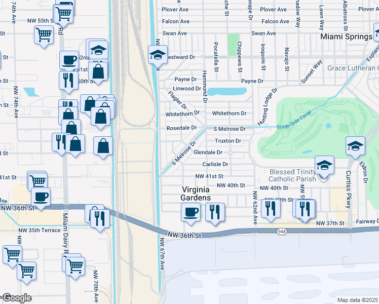 map of restaurants, bars, coffee shops, grocery stores, and more near 300 South Melrose Drive in Miami Springs