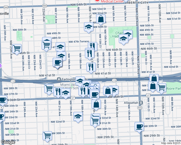 map of restaurants, bars, coffee shops, grocery stores, and more near 1701 Northwest 41st Street in Miami