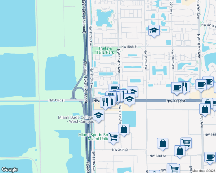 map of restaurants, bars, coffee shops, grocery stores, and more near 11472 Northwest 43rd Terrace in Doral