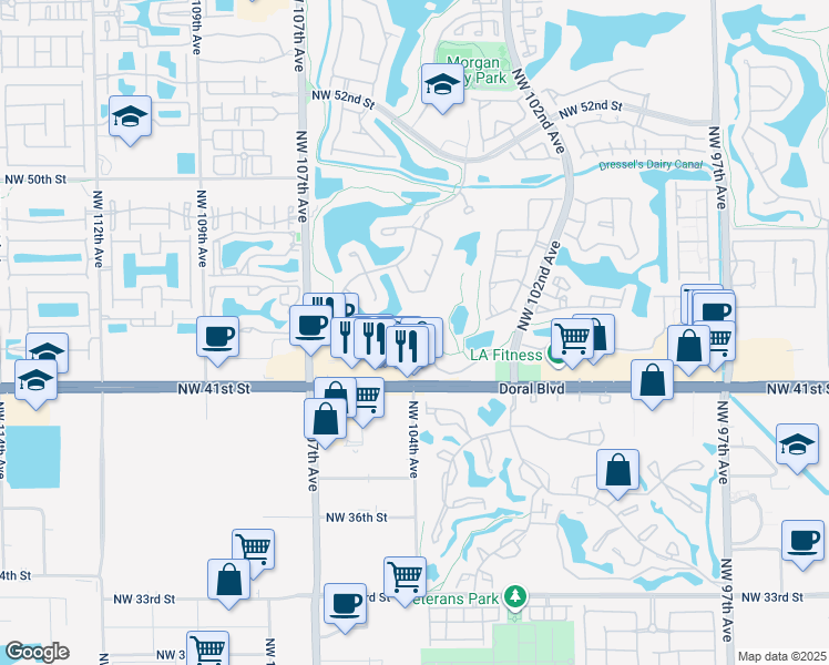 map of restaurants, bars, coffee shops, grocery stores, and more near 10435 Northwest 43rd Terrace in Doral