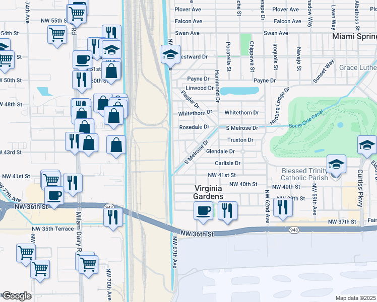 map of restaurants, bars, coffee shops, grocery stores, and more near 379 North Melrose Drive in Miami Springs