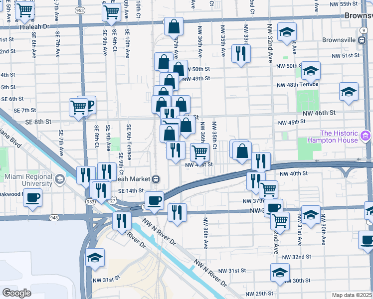 map of restaurants, bars, coffee shops, grocery stores, and more near 4253 Northwest 37th Avenue in Miami