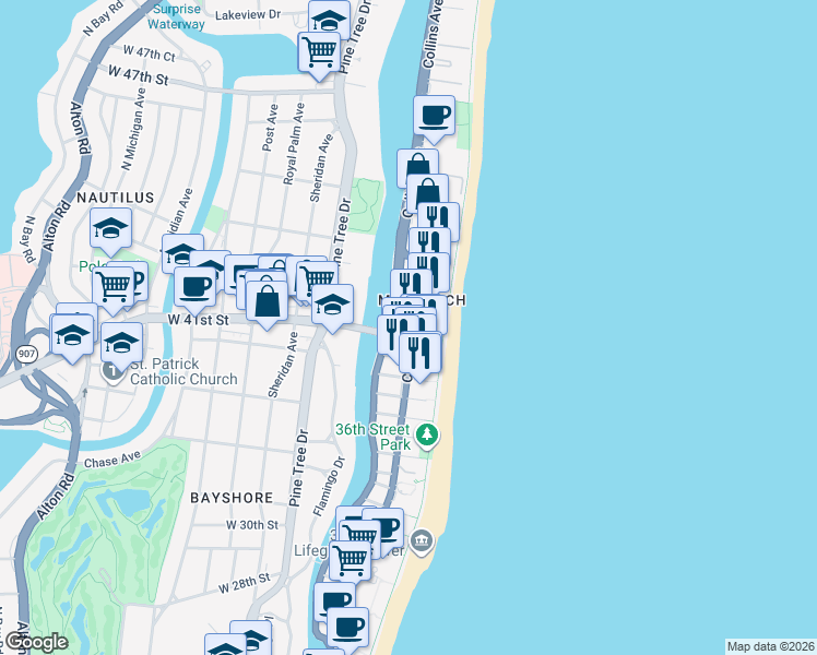 map of restaurants, bars, coffee shops, grocery stores, and more near 4122 Collins Avenue in Miami Beach