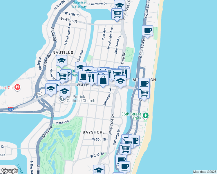 map of restaurants, bars, coffee shops, grocery stores, and more near 432 Arthur Godfrey Road in Miami Beach