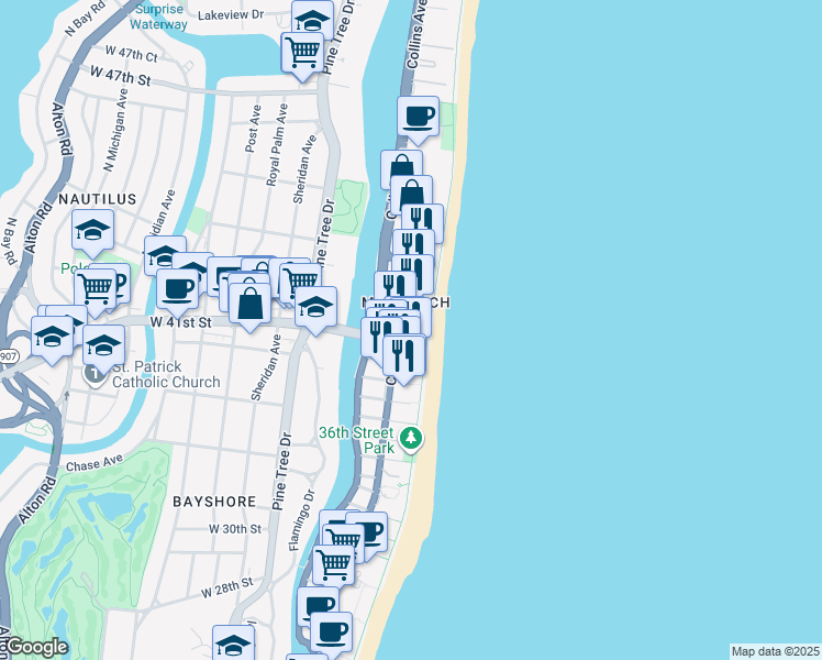 map of restaurants, bars, coffee shops, grocery stores, and more near in Miami Beach