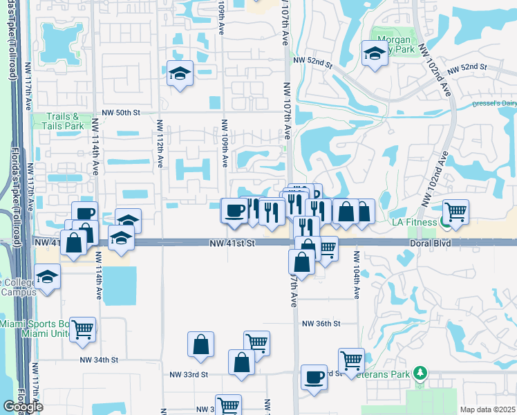 map of restaurants, bars, coffee shops, grocery stores, and more near 69 Northwest 107th Avenue in Doral