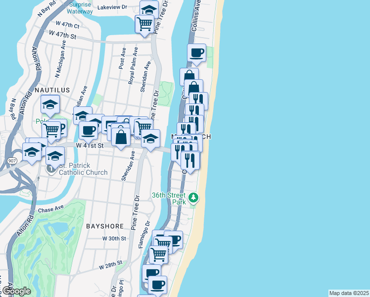 map of restaurants, bars, coffee shops, grocery stores, and more near in Miami Beach