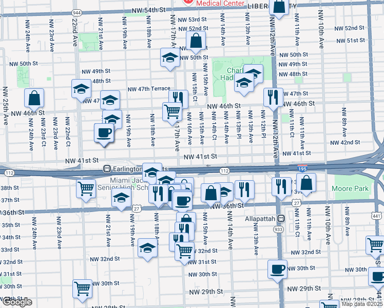 map of restaurants, bars, coffee shops, grocery stores, and more near 1545 Northwest 41st Street in Miami