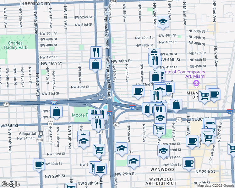 map of restaurants, bars, coffee shops, grocery stores, and more near 4021 Northwest 6th Avenue in Miami