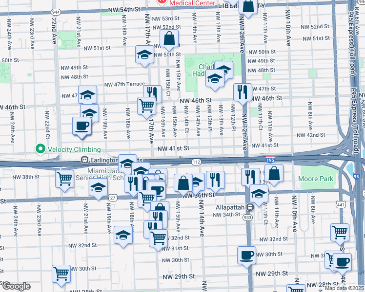 map of restaurants, bars, coffee shops, grocery stores, and more near 1467 Northwest 41st Street in Miami