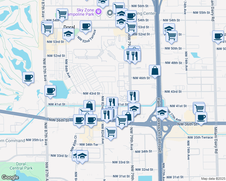 map of restaurants, bars, coffee shops, grocery stores, and more near 4360 Northwest 79th Avenue in Doral