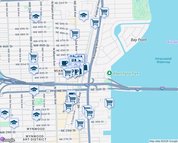 map of restaurants, bars, coffee shops, grocery stores, and more near 3900 Biscayne Boulevard in Miami