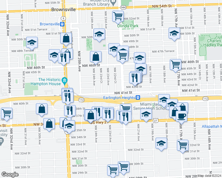 map of restaurants, bars, coffee shops, grocery stores, and more near 4129 Northwest 23rd Avenue in Miami