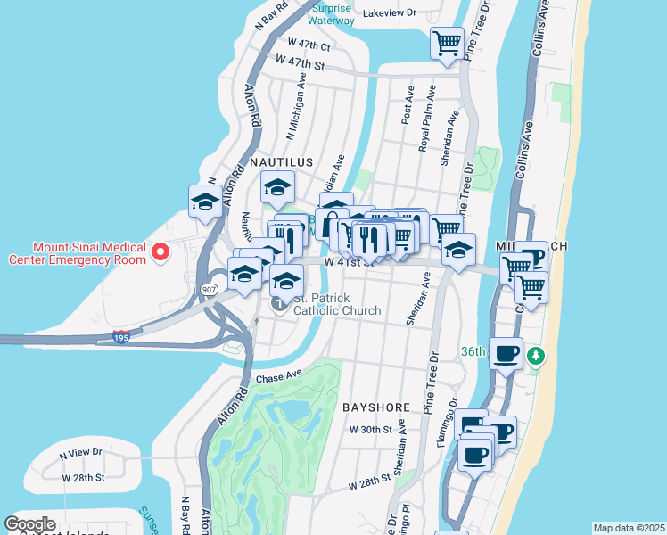 map of restaurants, bars, coffee shops, grocery stores, and more near 740 West 41st Street in Miami Beach
