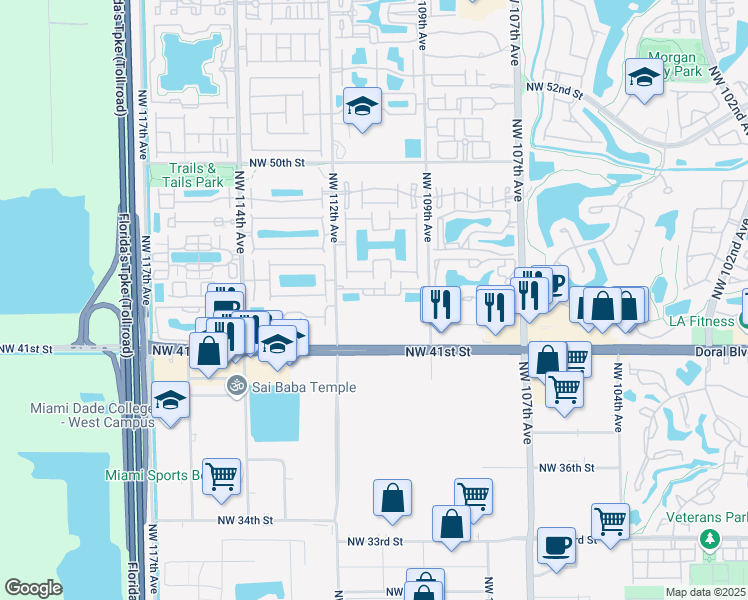 map of restaurants, bars, coffee shops, grocery stores, and more near 11026 Northwest 43rd Terrace in Doral