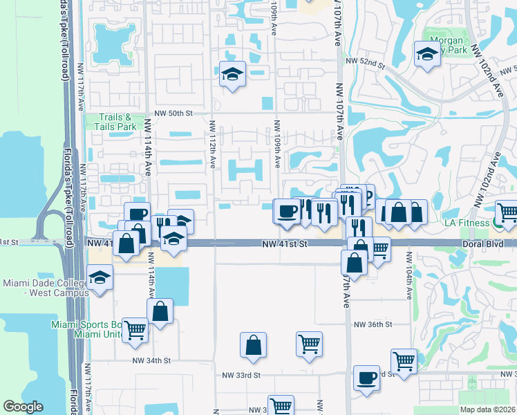 map of restaurants, bars, coffee shops, grocery stores, and more near 10962 Northwest 43rd Terrace in Doral
