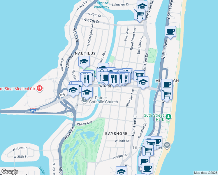 map of restaurants, bars, coffee shops, grocery stores, and more near 740 West 41st Street in Miami Beach