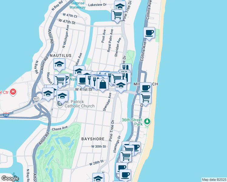 map of restaurants, bars, coffee shops, grocery stores, and more near in Miami Beach