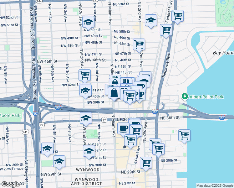 map of restaurants, bars, coffee shops, grocery stores, and more near 51 Northeast 40th Street in Miami