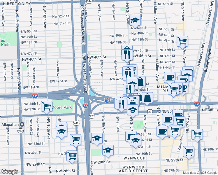 map of restaurants, bars, coffee shops, grocery stores, and more near 315 Northwest 40th Street in Miami