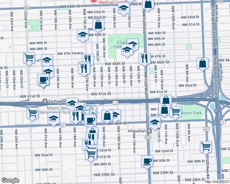 map of restaurants, bars, coffee shops, grocery stores, and more near 4100 Northwest 14th Avenue in Miami