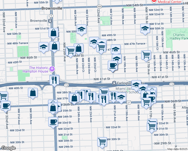 map of restaurants, bars, coffee shops, grocery stores, and more near 2251 Northwest 41st Street in Miami