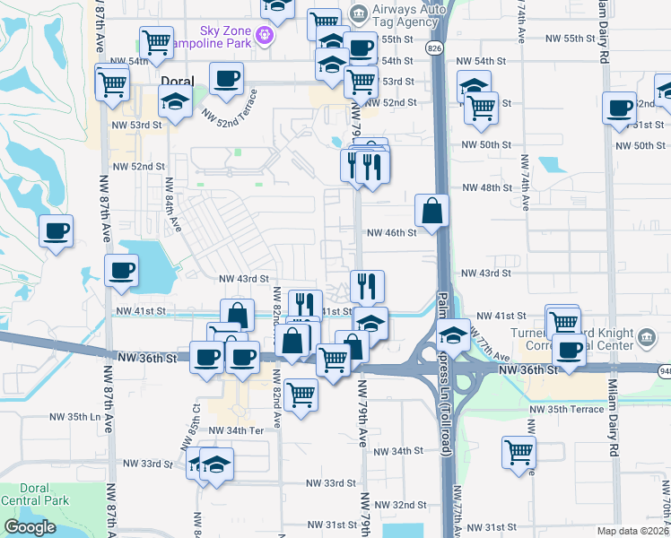 map of restaurants, bars, coffee shops, grocery stores, and more near 4350 Northwest 79th Avenue in Doral