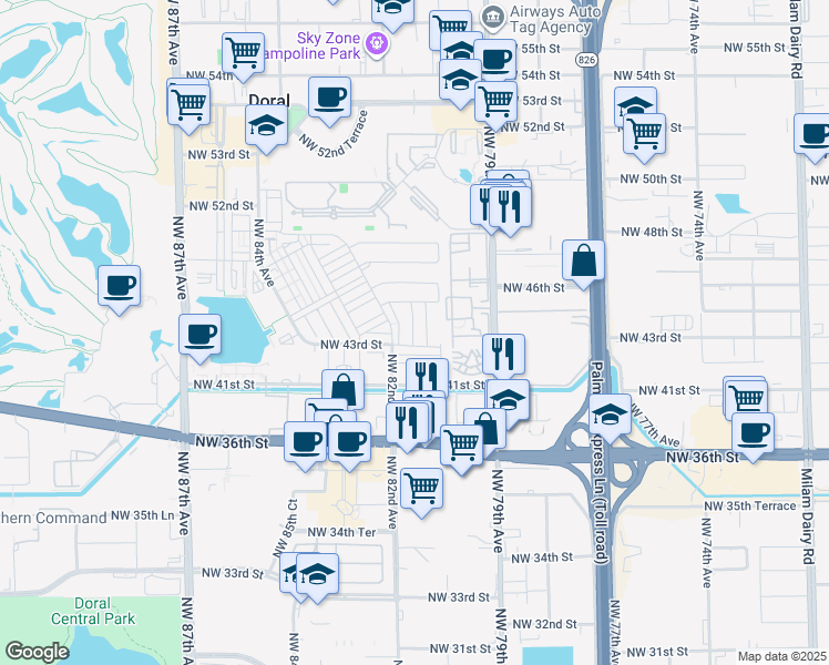 map of restaurants, bars, coffee shops, grocery stores, and more near 4360 Northwest 79th Avenue in Doral