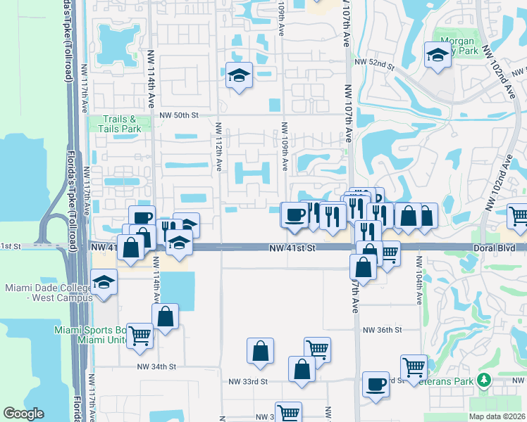 map of restaurants, bars, coffee shops, grocery stores, and more near 10962 Northwest 43rd Terrace in Doral