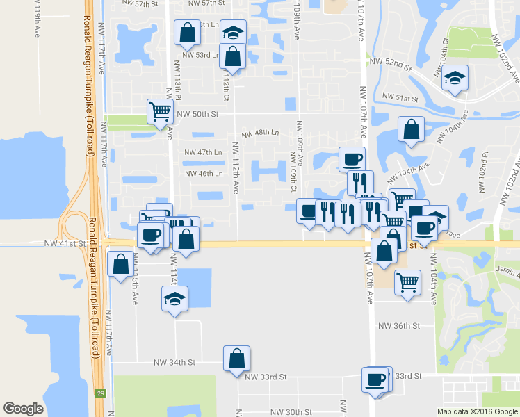 map of restaurants, bars, coffee shops, grocery stores, and more near 11026 Northwest 43rd Terrace in Doral