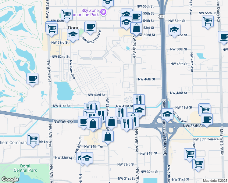 map of restaurants, bars, coffee shops, grocery stores, and more near 4360 Northwest 79th Avenue in Doral