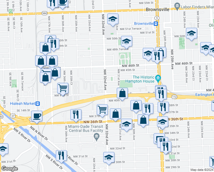 map of restaurants, bars, coffee shops, grocery stores, and more near 3195 Northwest 42nd Street in Miami