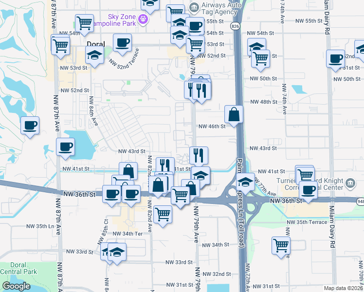 map of restaurants, bars, coffee shops, grocery stores, and more near 4350 Northwest 79th Avenue in Doral