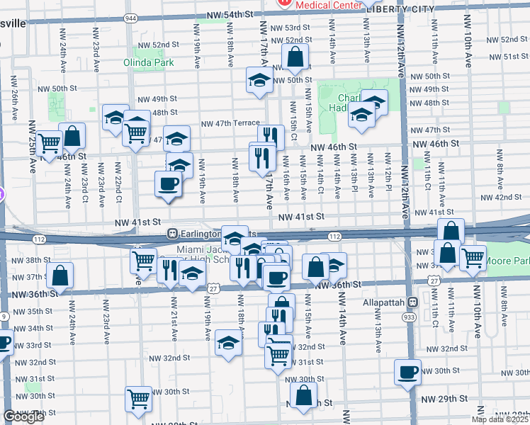 map of restaurants, bars, coffee shops, grocery stores, and more near 1701 Northwest 41st Street in Miami