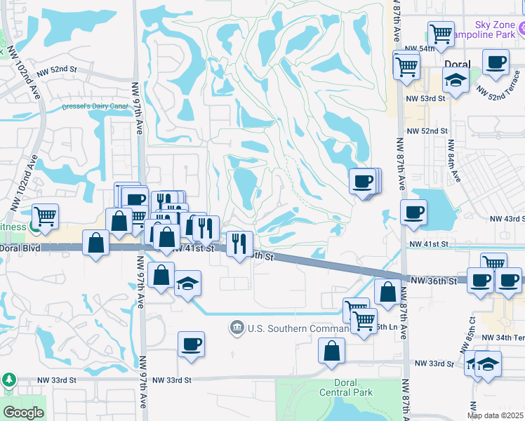 map of restaurants, bars, coffee shops, grocery stores, and more near 4456 Northwest 93rd Doral Court in Doral