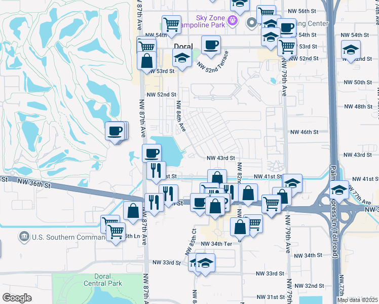 map of restaurants, bars, coffee shops, grocery stores, and more near 4636 Northwest 84th Avenue in Doral