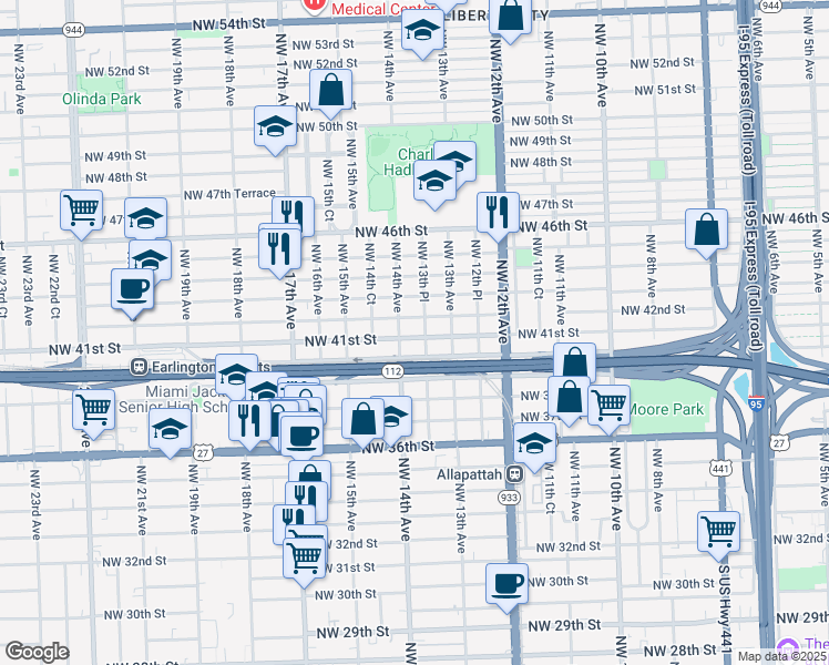 map of restaurants, bars, coffee shops, grocery stores, and more near 4100 Northwest 14th Avenue in Miami