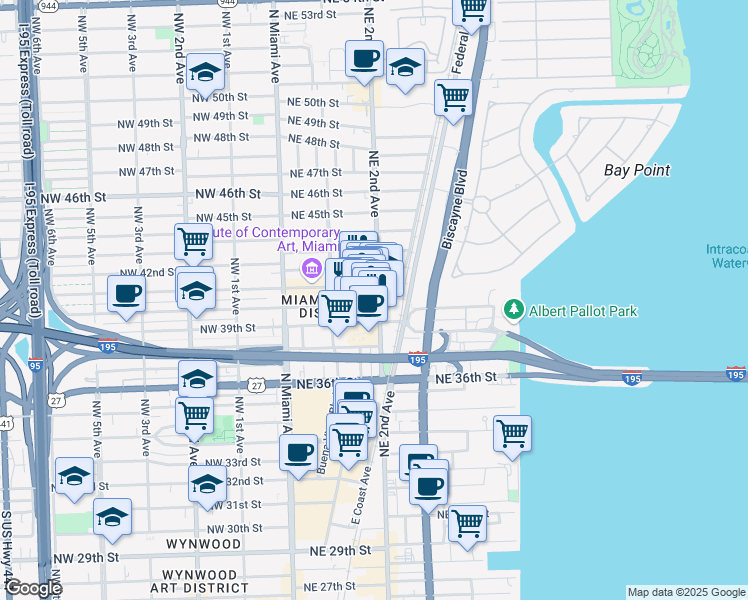 map of restaurants, bars, coffee shops, grocery stores, and more near 4000 Northeast 2nd Avenue in Miami