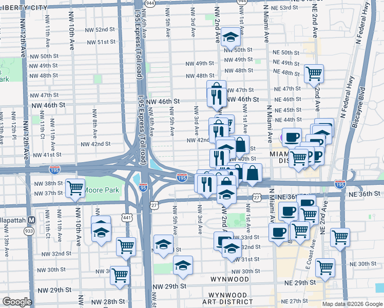 map of restaurants, bars, coffee shops, grocery stores, and more near 315 Northwest 40th Street in Miami