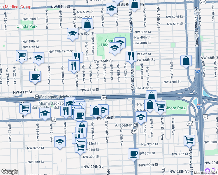 map of restaurants, bars, coffee shops, grocery stores, and more near 4100 Northwest 14th Avenue in Miami