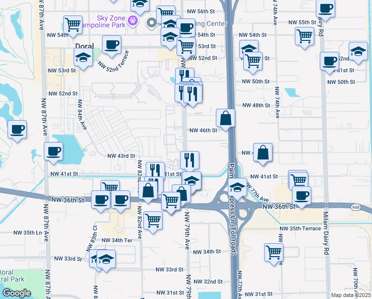 map of restaurants, bars, coffee shops, grocery stores, and more near 4421 Northwest 79th Avenue in Medley