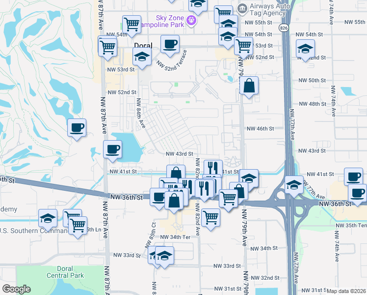 map of restaurants, bars, coffee shops, grocery stores, and more near 7901 Northwest 41st Street in Doral