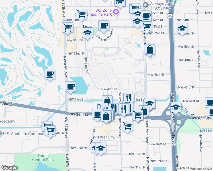 map of restaurants, bars, coffee shops, grocery stores, and more near 7901 Northwest 41st Street in Doral