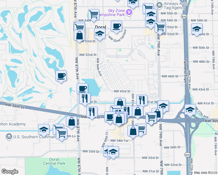 map of restaurants, bars, coffee shops, grocery stores, and more near 8381 Northwest 43rd Street in Doral