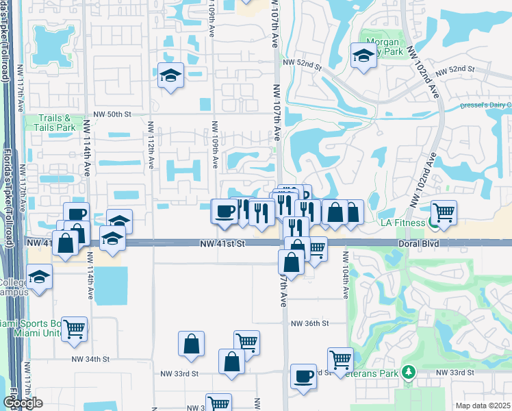 map of restaurants, bars, coffee shops, grocery stores, and more near 69 Northwest 107th Avenue in Doral