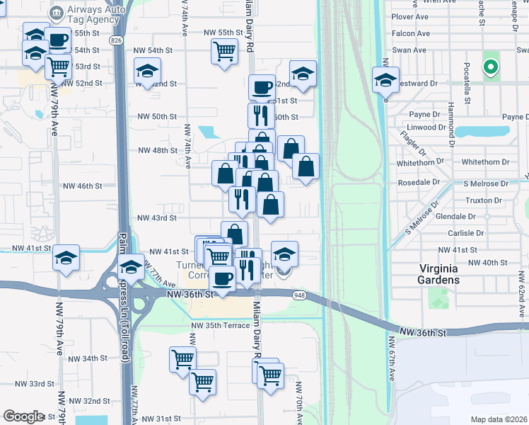 map of restaurants, bars, coffee shops, grocery stores, and more near 4301 Northwest 72nd Avenue in Miami