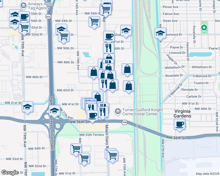 map of restaurants, bars, coffee shops, grocery stores, and more near 4301 Northwest 72nd Avenue in Miami